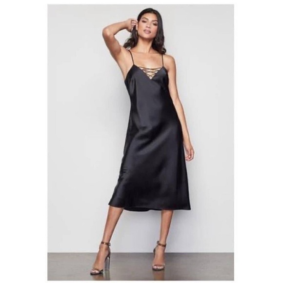Good American Dress Satin Chemise Midi with Lace-Up Detail Chic Black Large - Picture 3 of 13